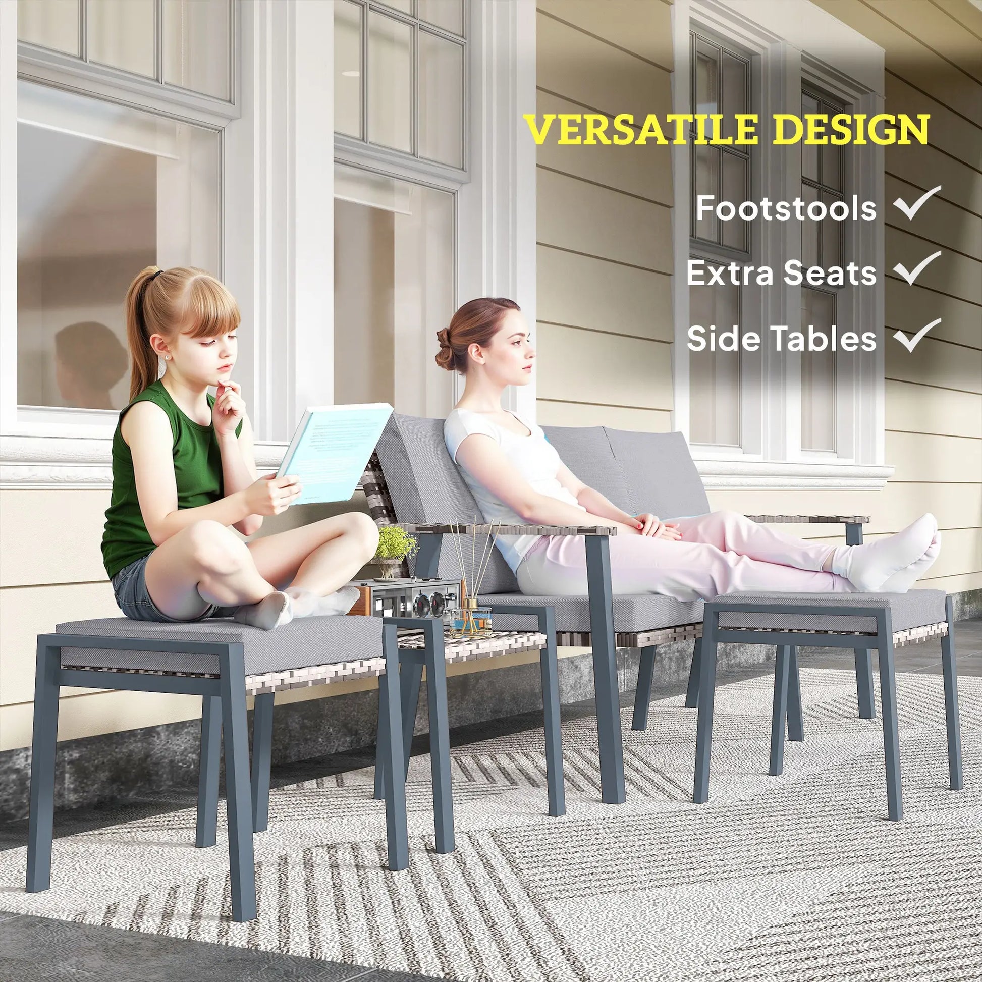 Two people sitting on outdoor furniture with text highlighting versatility.