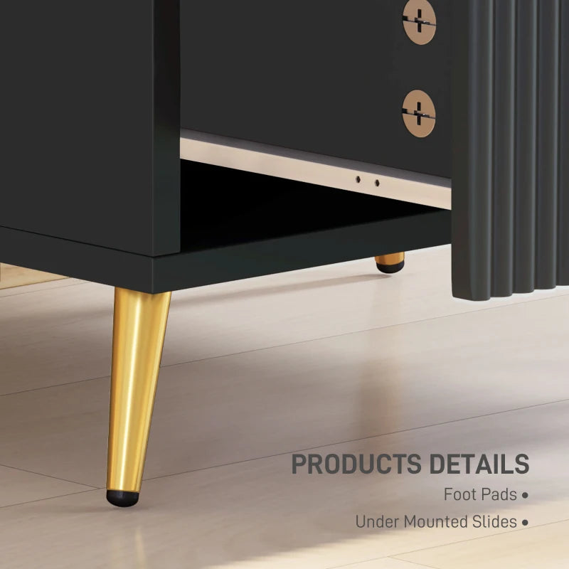 Black cabinet with gold legs on a light wood floor, featuring text about product details.