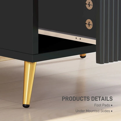 Black cabinet with gold legs on a light wood floor, featuring text about product details.