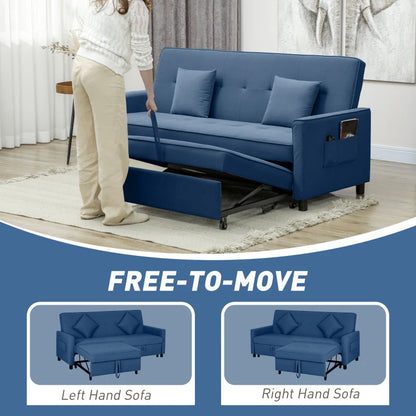 Blue sofa with pull-out mechanism in a room setting, showing 'Free-to-Move' feature.