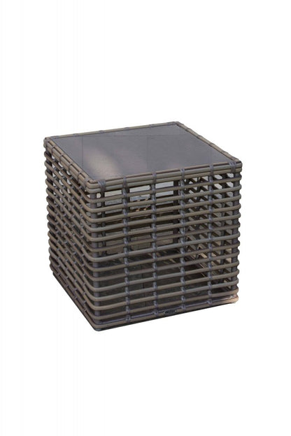 Square woven stool with a dark gray woven seat and backrest on a white background