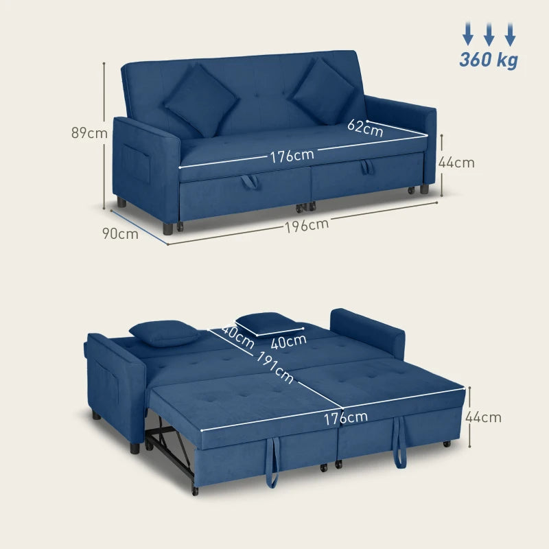 Blue sofa bed with dimensions and weight capacity on a beige background