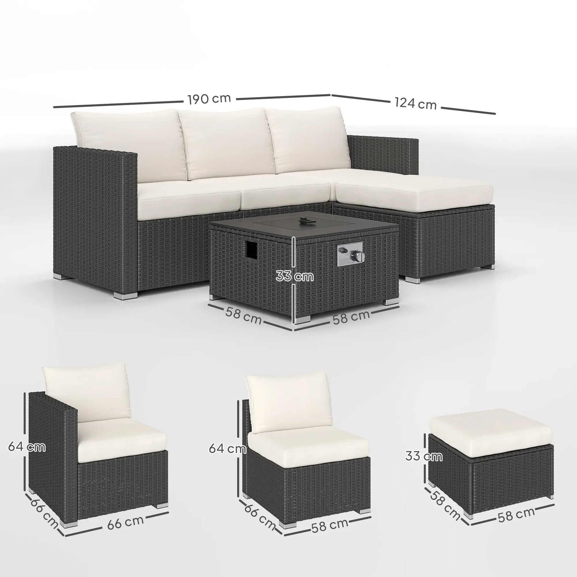 Outsunny Five Piece Rattan Garden Furniture Set with Gas Fire Pit Table and Footstool