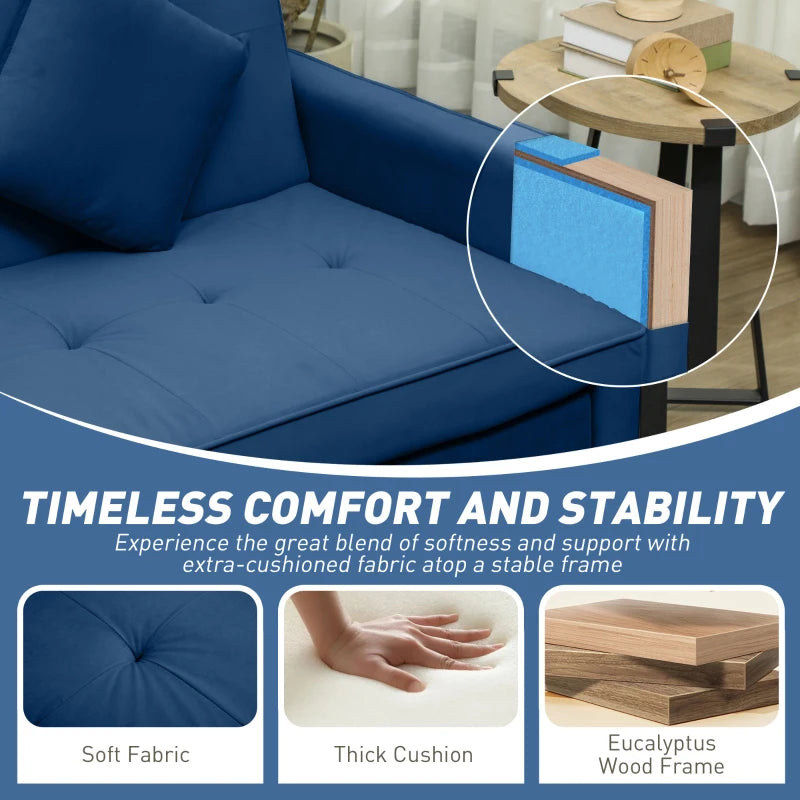 Blue sofa with cushions in a living room setting, emphasizing comfort and stability.
