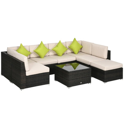Outdoor furniture set with beige cushions and green pillows on a white background