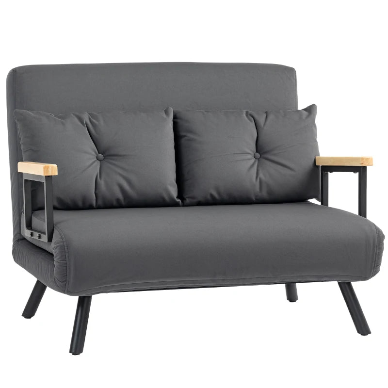 Gray sofa with wooden armrests and black legs on a white background