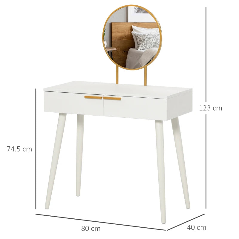 White vanity table with a round mirror on a white background
