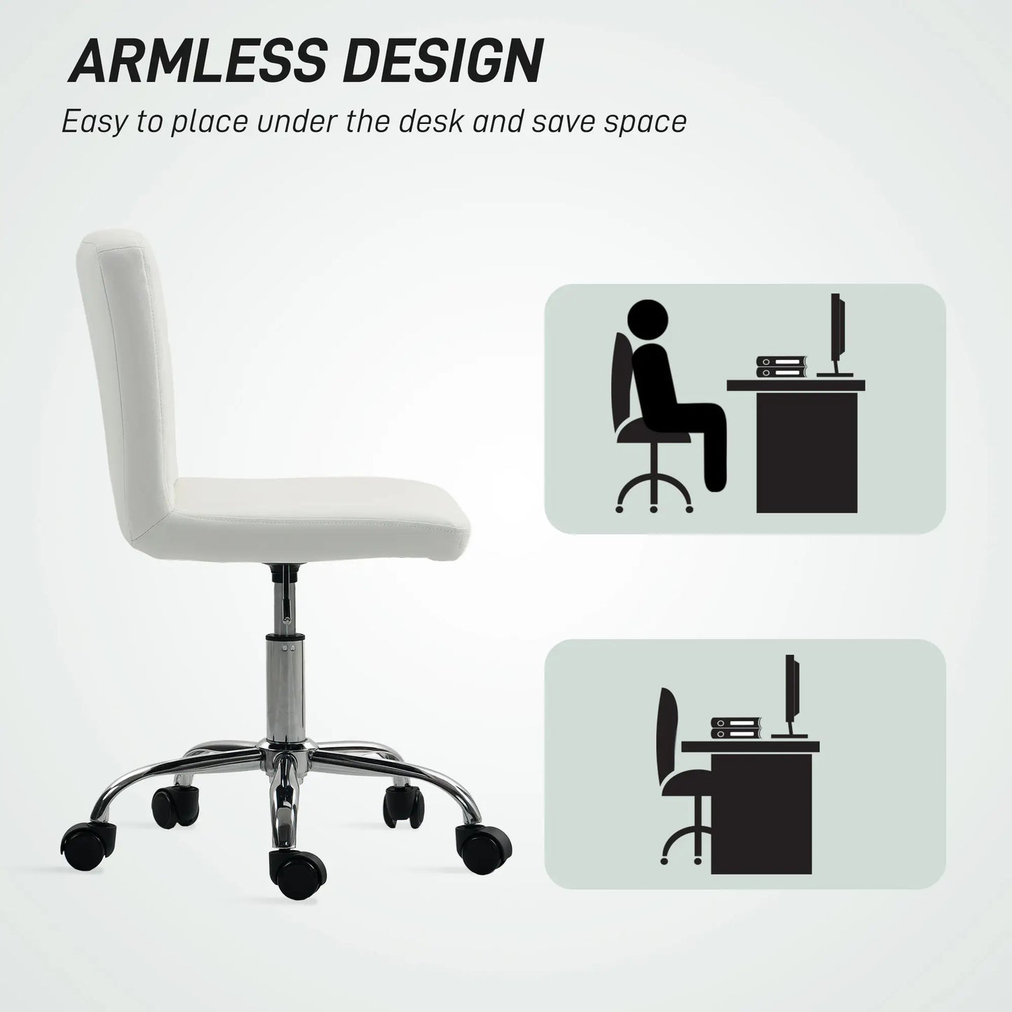 White office chair with armless design, placed under a desk to save space.