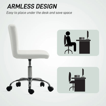 White office chair with armless design, placed under a desk to save space.
