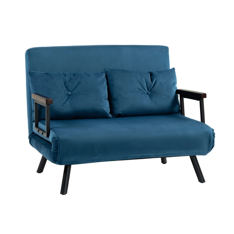 Blue futon sofa with black legs on a white background