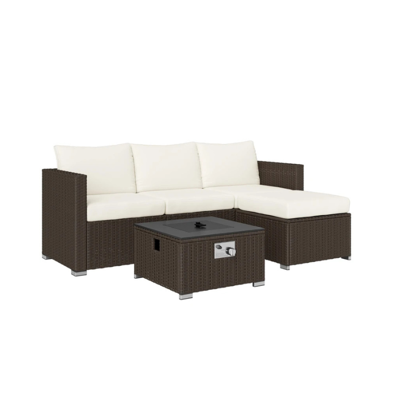 Outsunny Five Piece Rattan Garden Furniture Set with Gas Fire Pit Table and Footstool