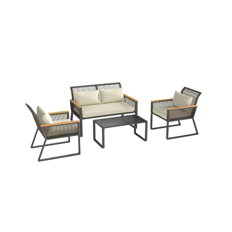 Outsunny Four Piece Wicker Rope Garden Furniture Set with Glass Top Coffee Table