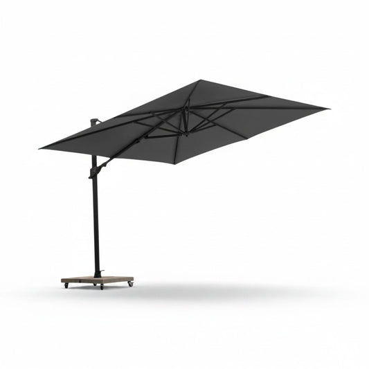 Skyline Design Horizon Shade cantilever parasol with beige fabric and sturdy base, providing shade in outdoor spaces.