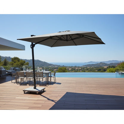 Skyline Design Solstice Shade cantilever parasol with large fabric canopy and sturdy pole for outdoor shade and sun protection.