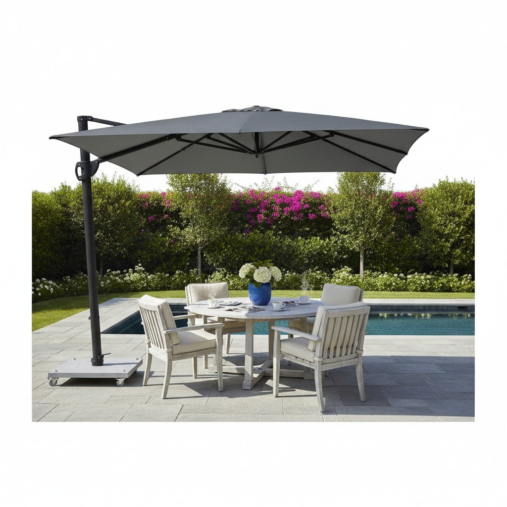 Skyline Design Solstice Shade cantilever parasol with beige fabric and sturdy metal frame, providing shade outdoors.