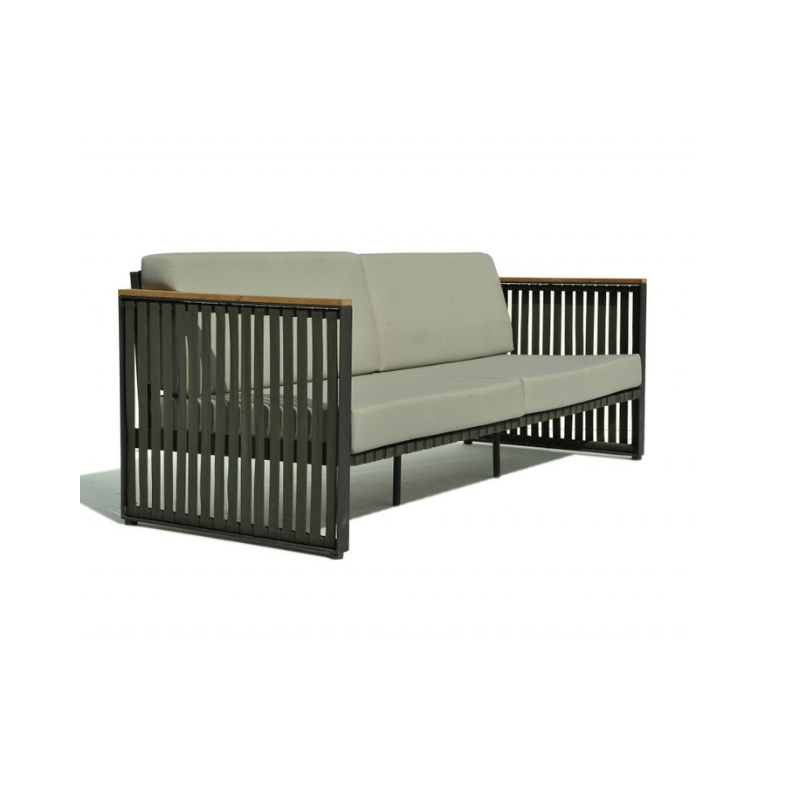 Modern outdoor sofa with beige cushions and black metal frame on a white background