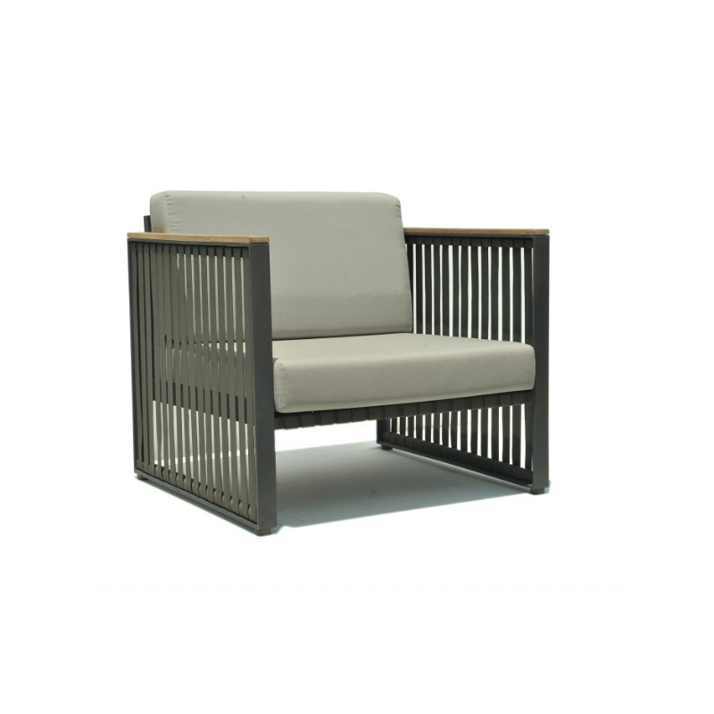 Modern chair with beige cushion and dark frame on a white background