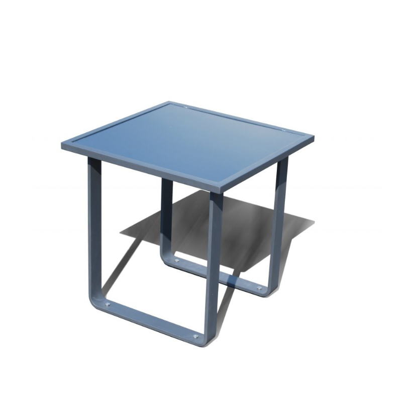 Blue metal side table on a white background