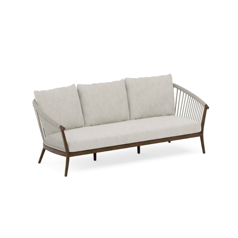 Modern outdoor sofa with beige cushions on a white background