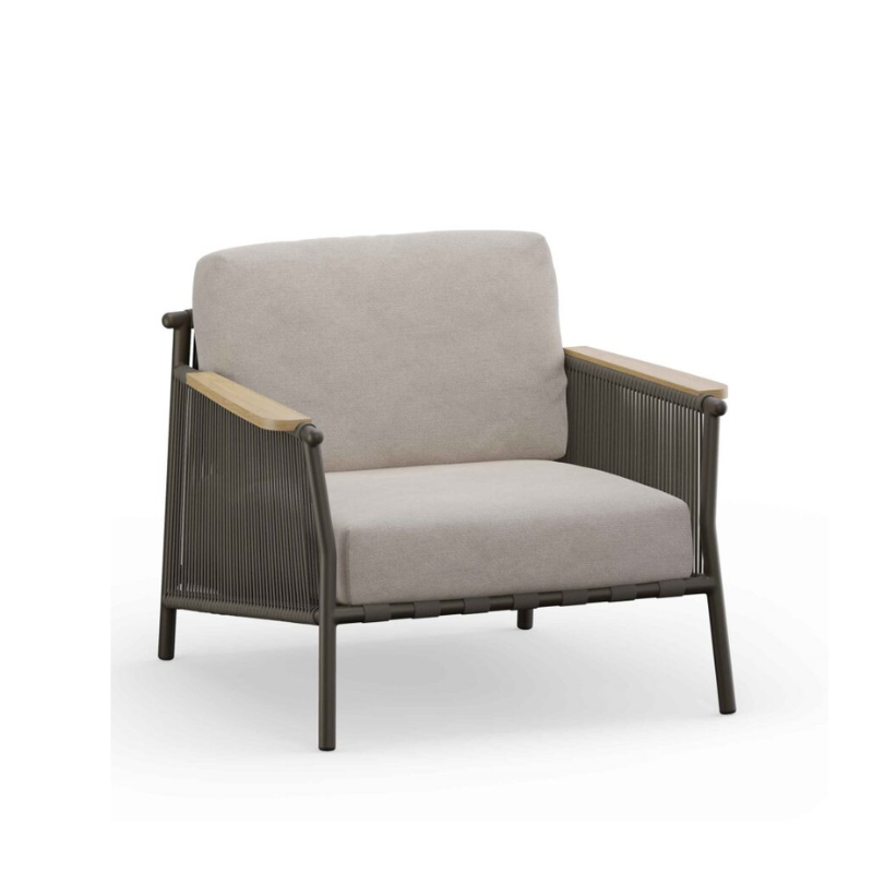 Chair with beige cushion and wooden armrests on a white background
