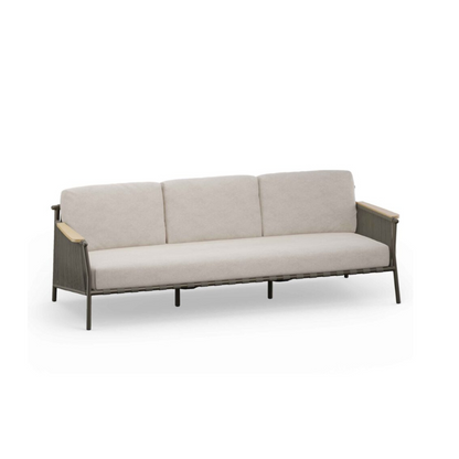 Beige sofa with wooden armrests on a white background