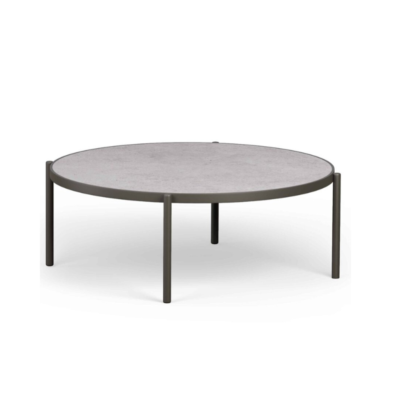 Round coffee table with a gray top and black metal legs on a white background