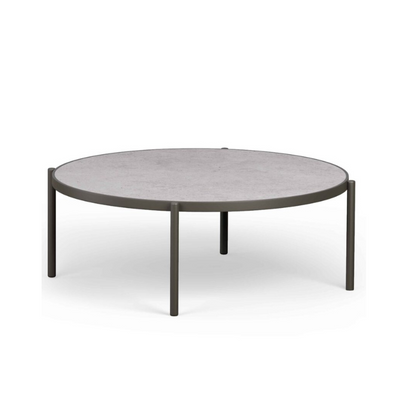 Round coffee table with a gray top and black metal legs on a white background