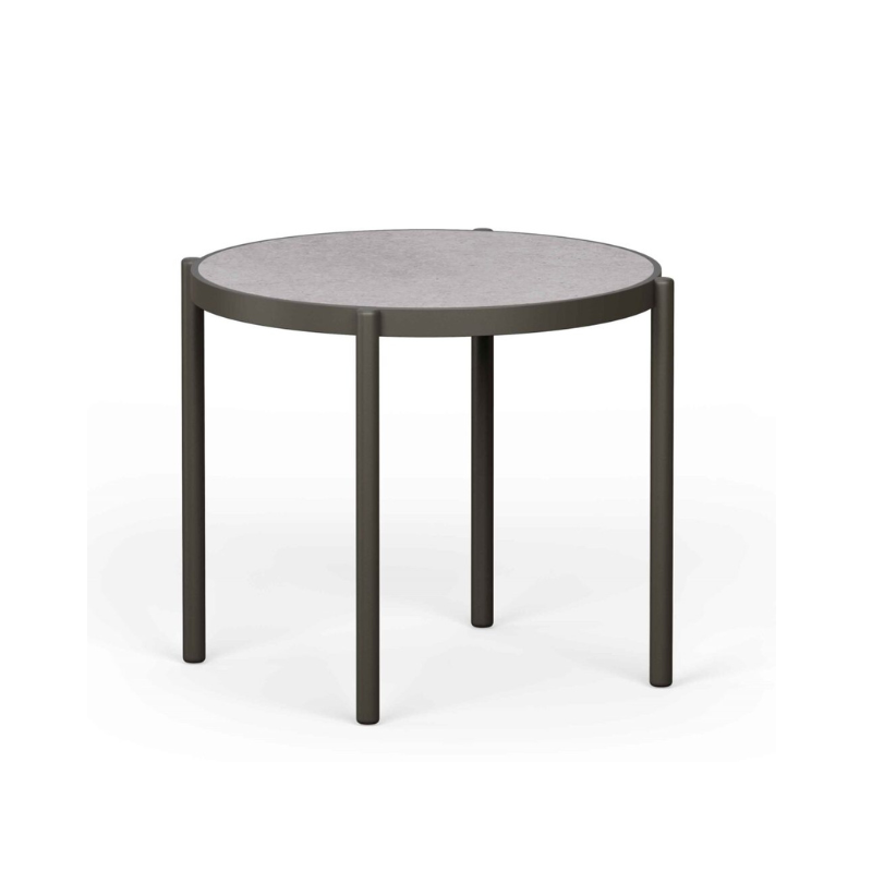 Round table with a dark metal frame on a white background