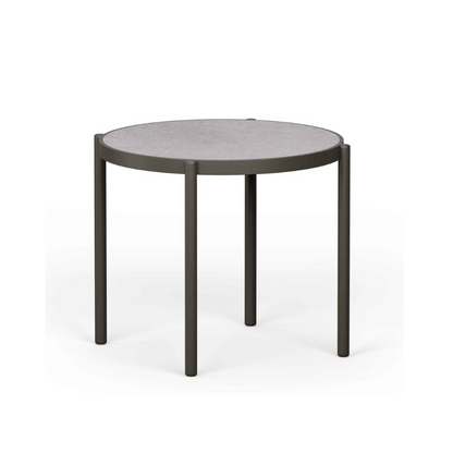Round table with a dark metal frame on a white background