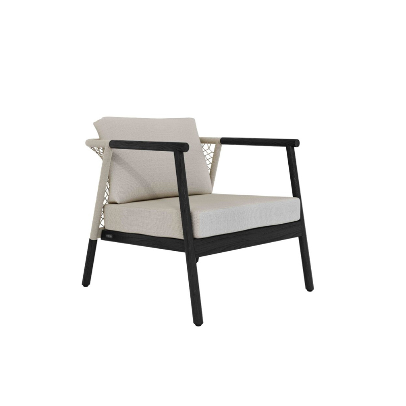 Chair with black frame and beige cushions on a white background