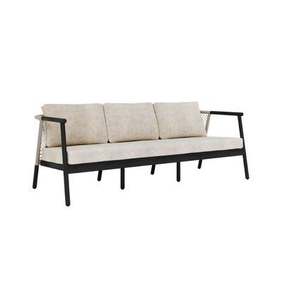Three-seater outdoor sofa with beige cushions and black metal frame on a white background