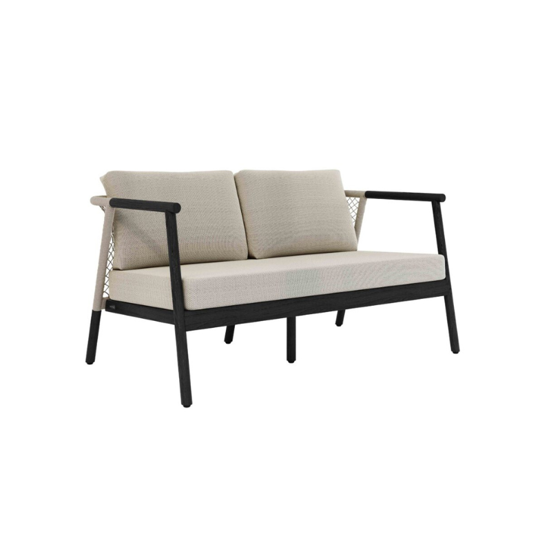 Modern outdoor sofa with beige cushions on a white background
