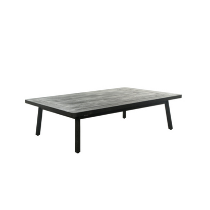Rectangular outdoor table with a wooden top and black metal legs on a white background