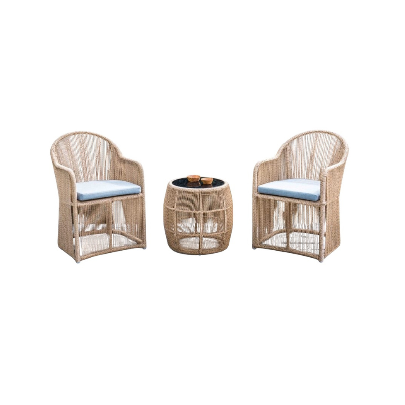 Wicker outdoor furniture set with two chairs and a small table on a white background