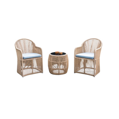 Wicker outdoor furniture set with two chairs and a small table on a white background