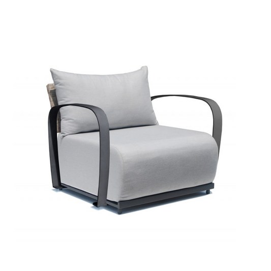 Modern armchair with gray cushion and black frame on a white background