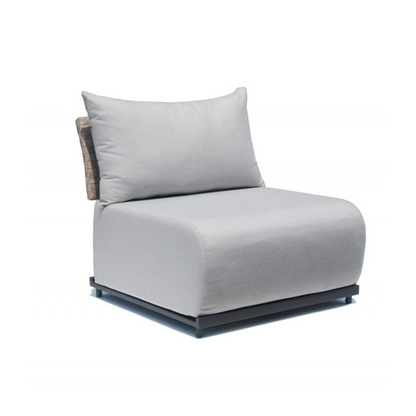 Gray cushioned chair with a pillow on a white background