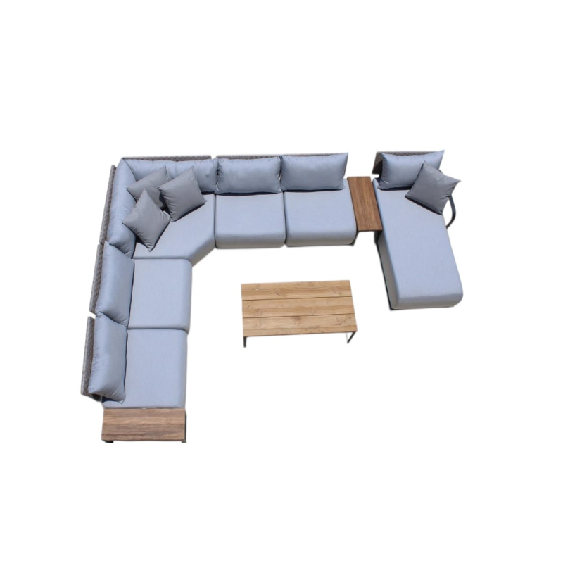 Outdoor furniture set with light blue cushions and wooden elements on a white background