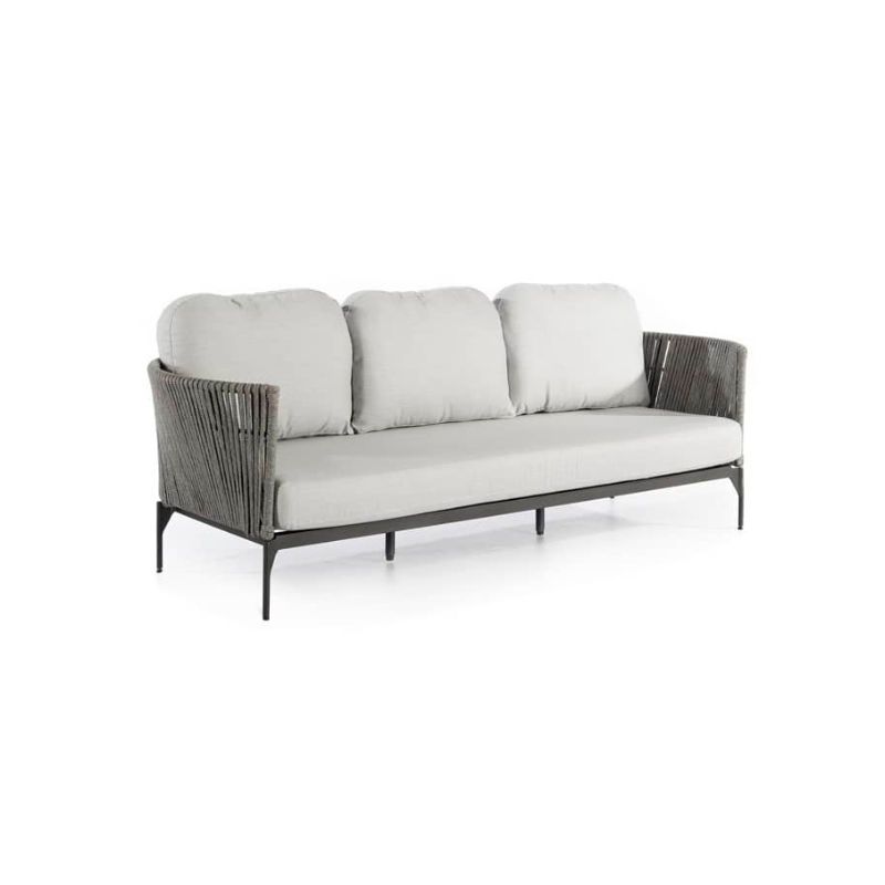 Three-seater outdoor sofa with wicker frame and light gray cushions on a white background