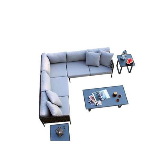 Outdoor furniture set with a sectional sofa and coffee table on a white background