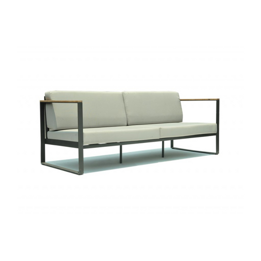 Modern outdoor sofa with beige cushions and metal frame on a white background
