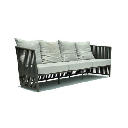 Modern outdoor sofa with black frame and light gray cushions on a white background