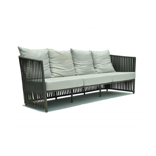 Modern outdoor sofa with black frame and light gray cushions on a white background