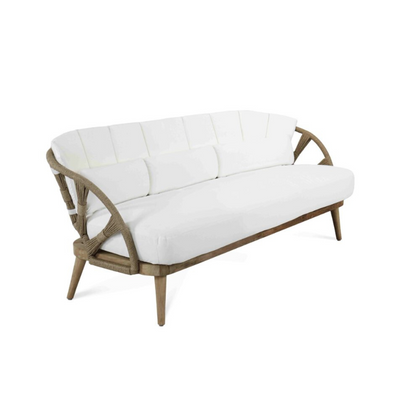 White cushioned sofa with wooden frame on a white background