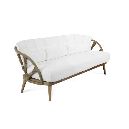 White cushioned sofa with wooden frame on a white background