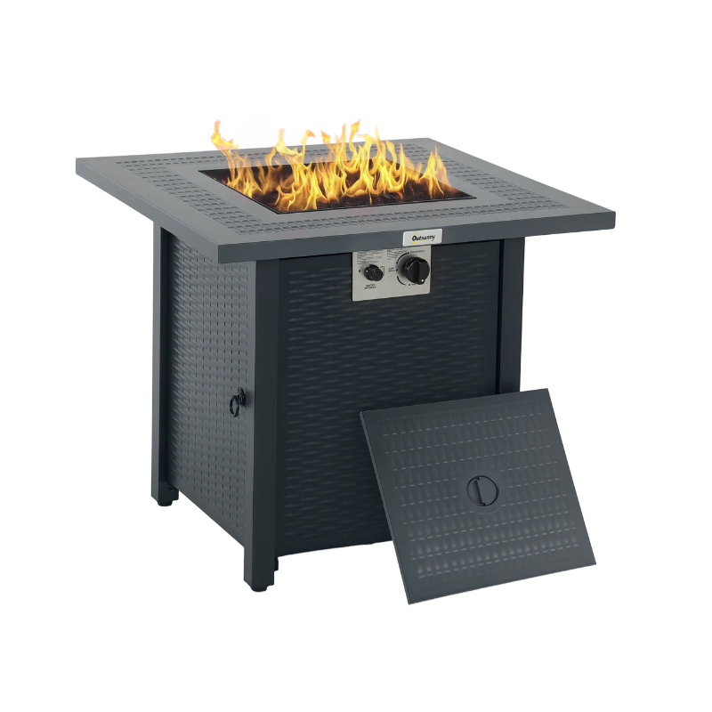 Black outdoor fire pit table with flames on a white background