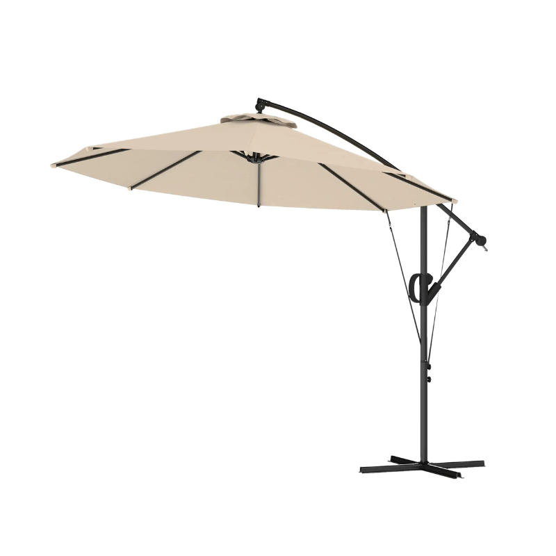 Beige patio umbrella with black stand on a white background