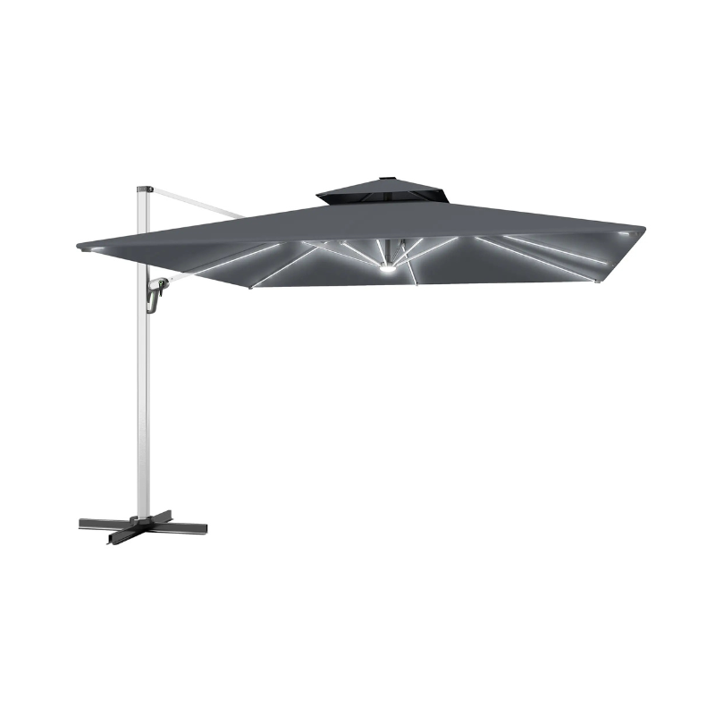 Gray outdoor umbrella with a stand on a white background