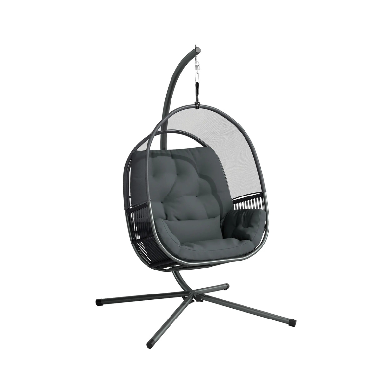 Hanging egg chair with black frame and gray cushion on a white background