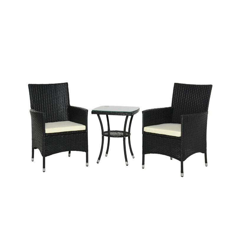 Black wicker outdoor furniture set with two chairs and a table on a white background